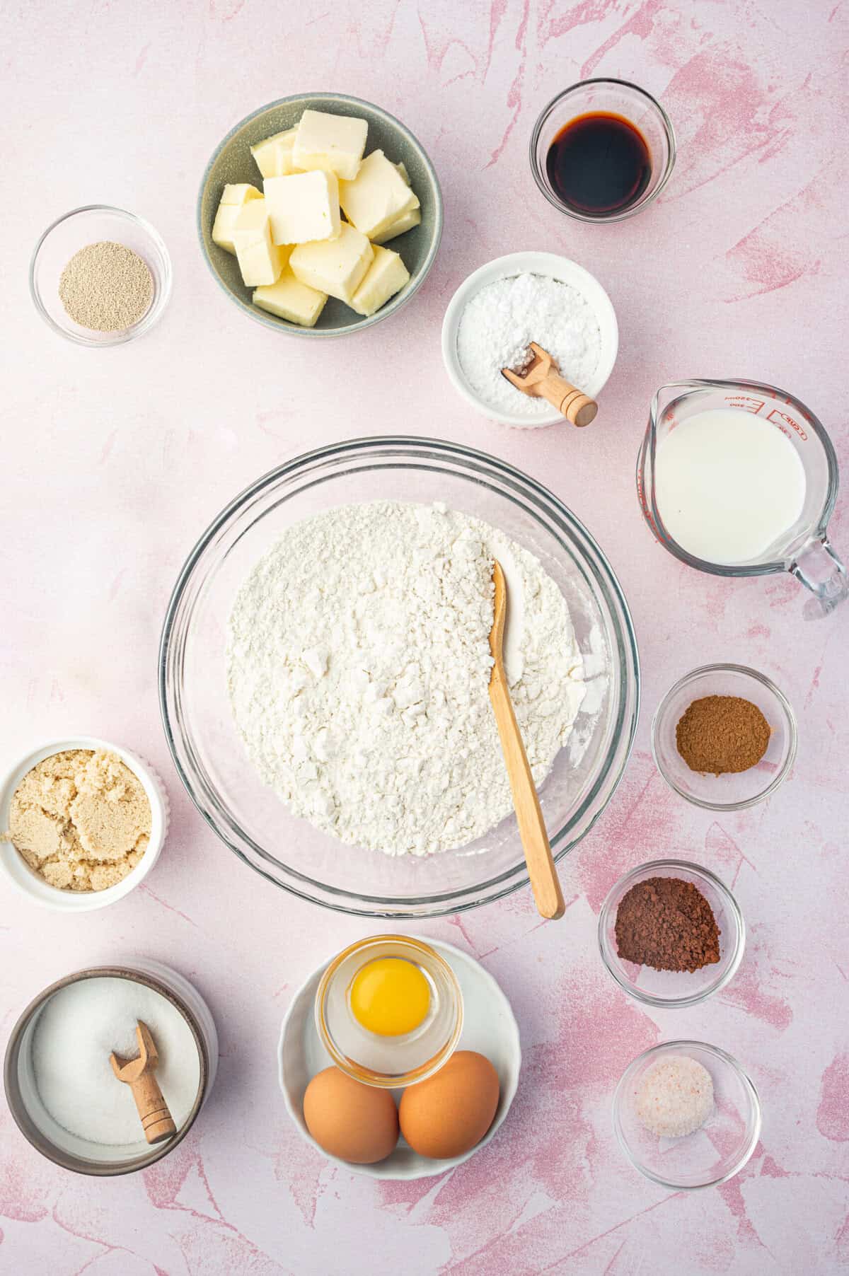 Overhead view of ingredients for cinnamon babka