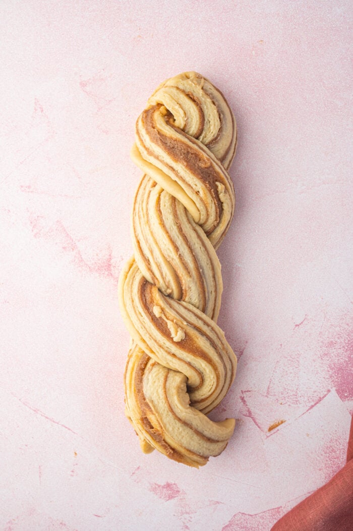 Overhead view of twisted cinnamon babka dough