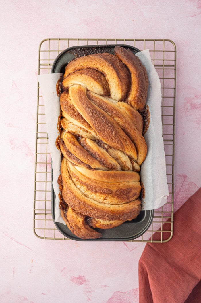 Overhead view of cinnamon babka in pan