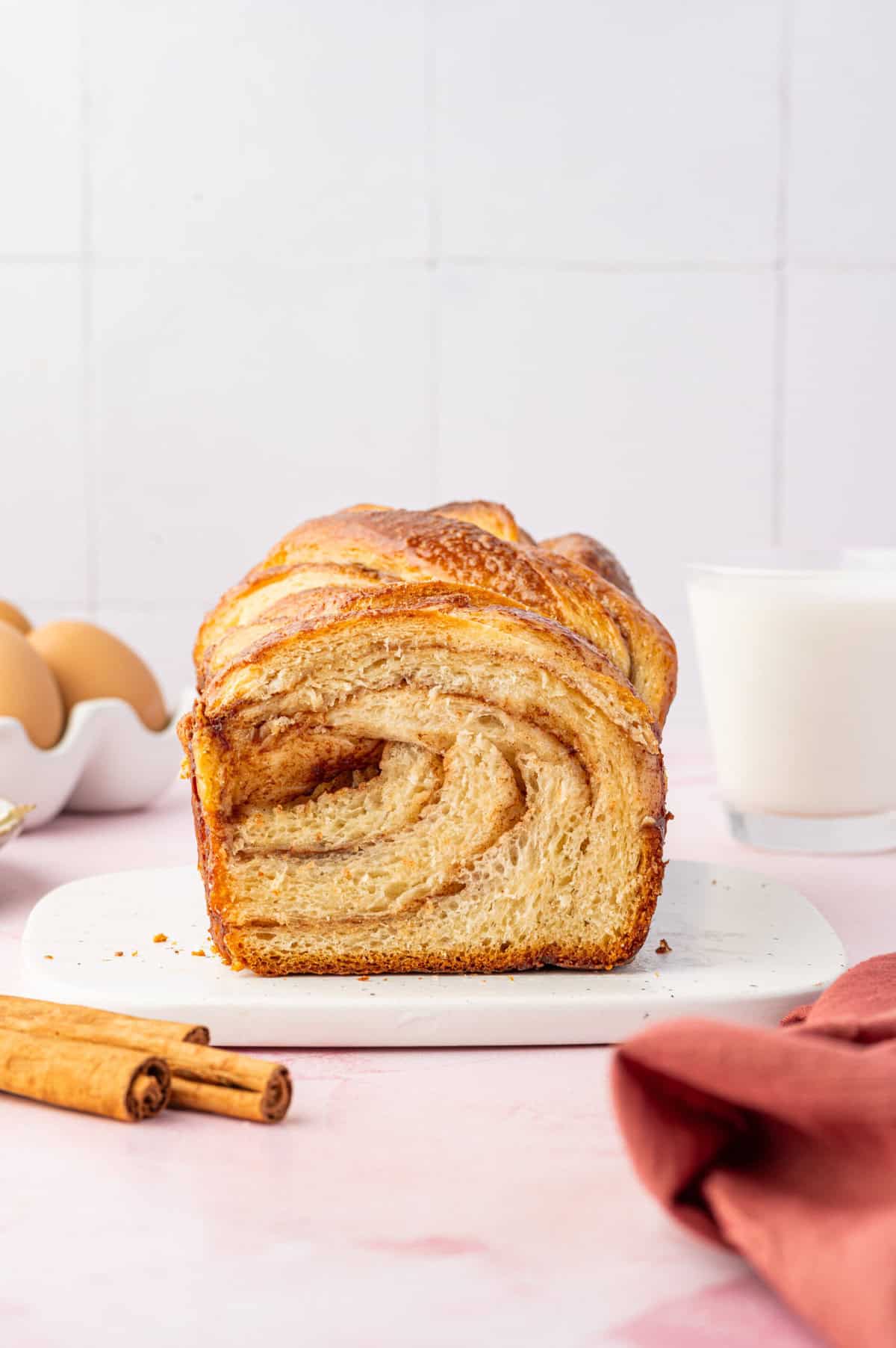 Cinnamon babka sliced open to show swirl