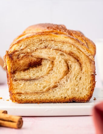 Cinnamon babka sliced open to show marbling