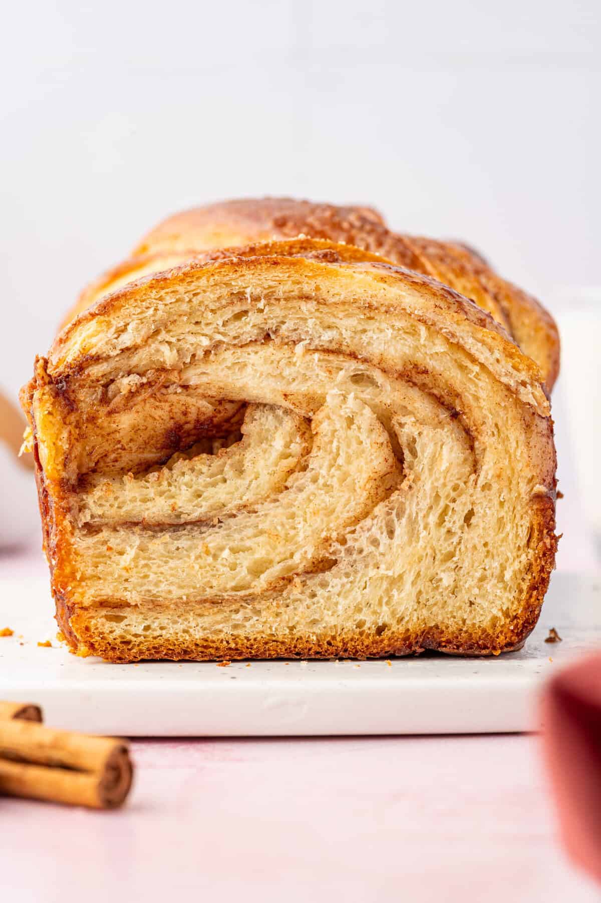 Cinnamon babka sliced open to show marbling