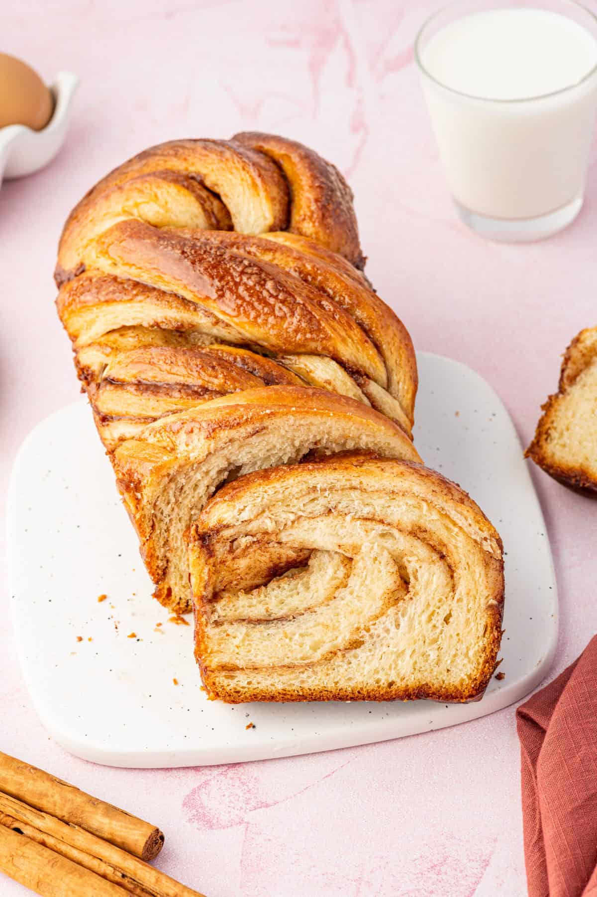 Sliced loaf of cinnamon babka