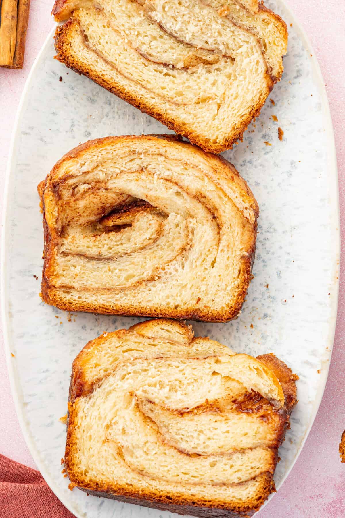 Overhead view of cinnamon babka slices