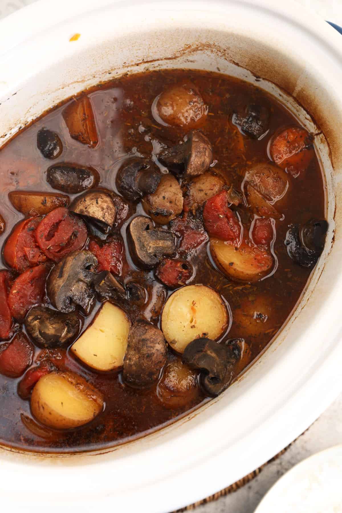 Overhead view of pot roast in crock pot