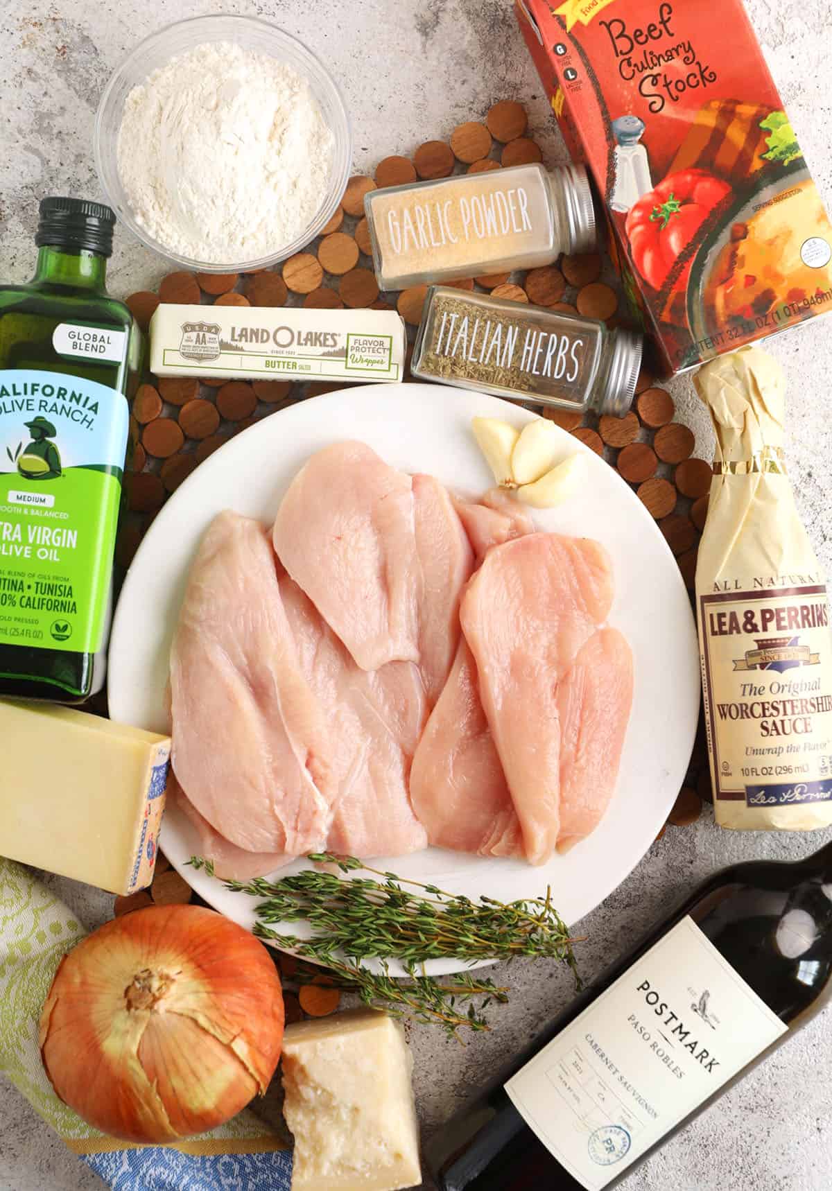 Overhead view of ingredients for French onion chicken