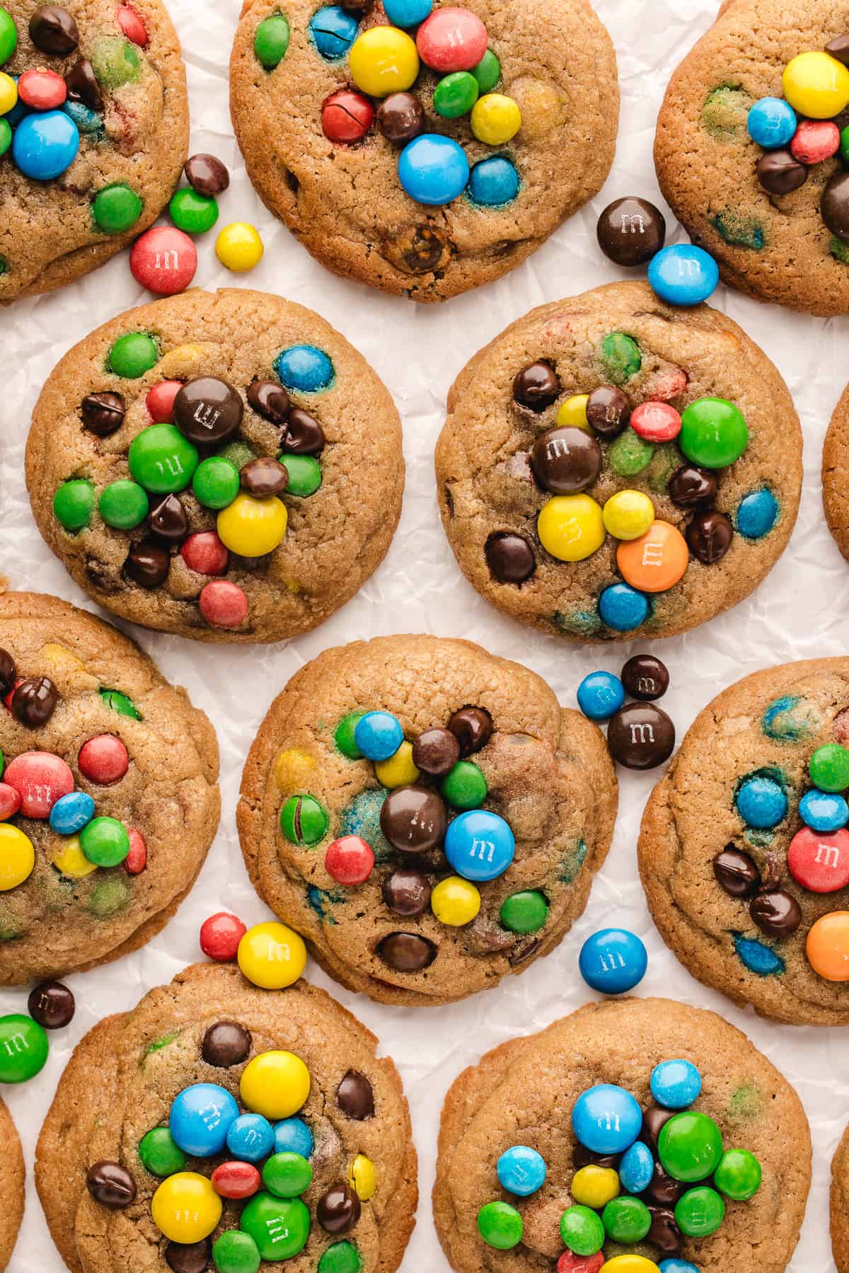 Overhead view of soft chocolate chip M&M cookies lined up in rows