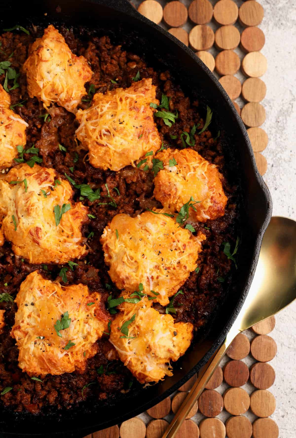 Overhead view of sloppy joe casserole in skillet