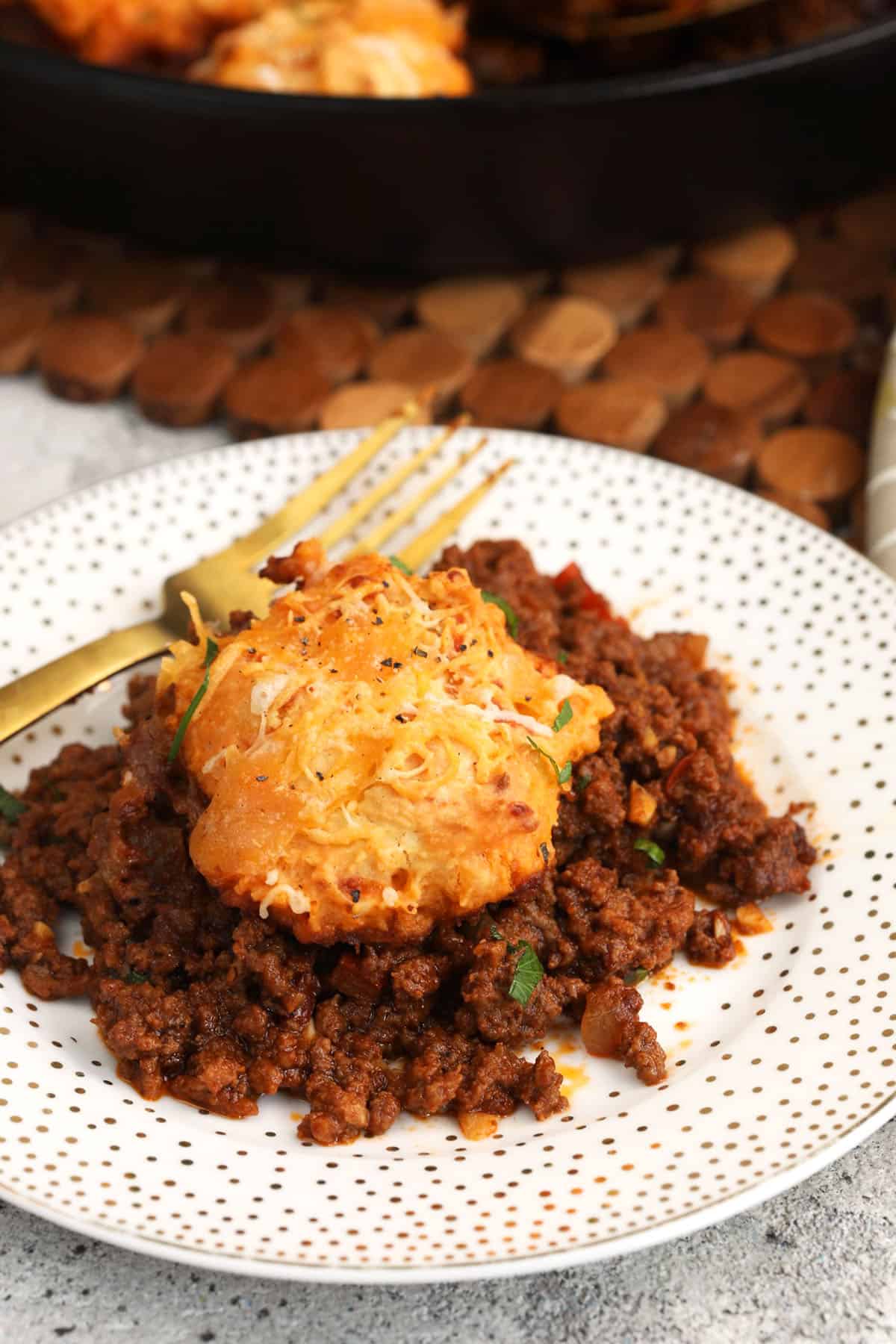 Sloppy joe casserole on plate with fork