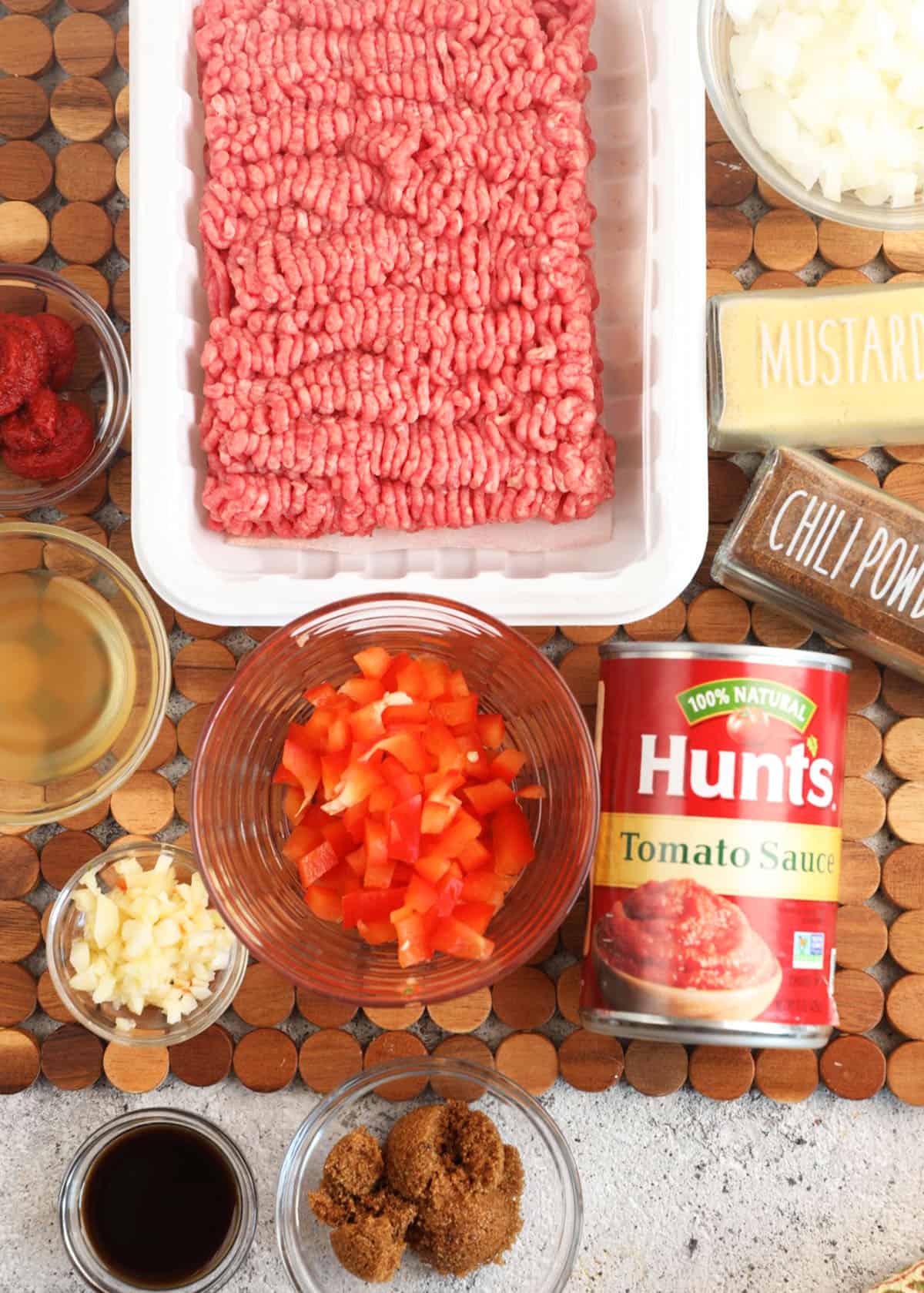 Overhead view of ingredients for sloppy joe casserole