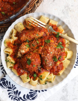 Overhead view of Sunday sauce served over pasta