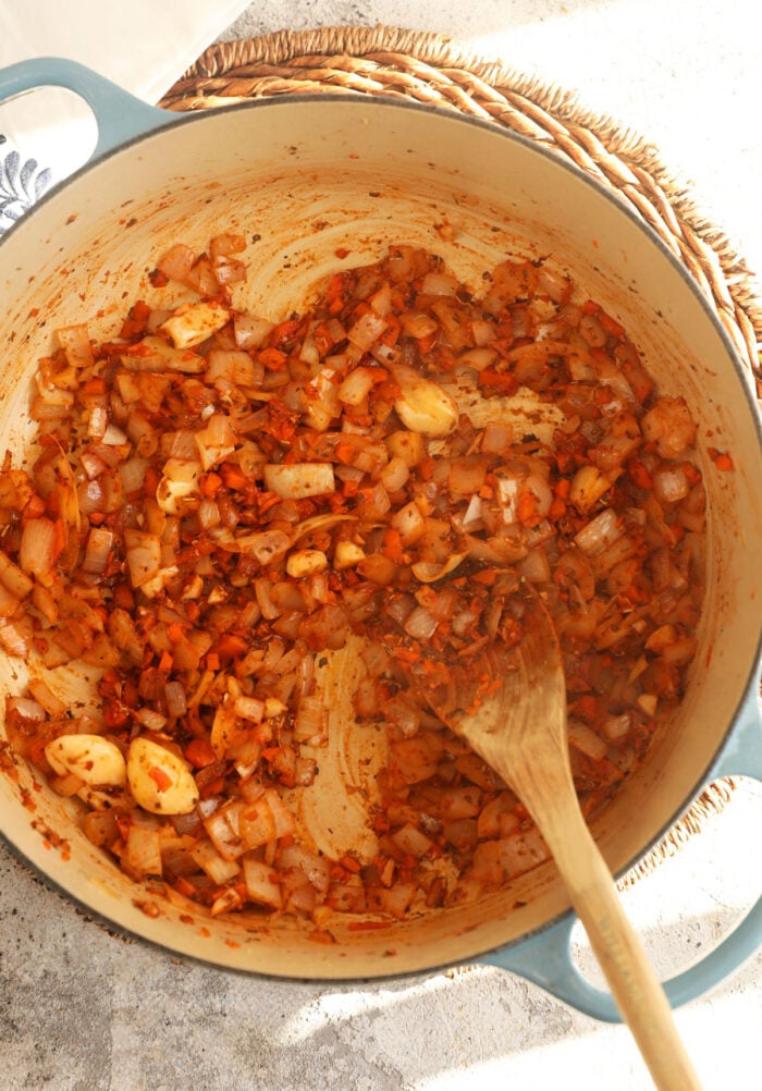 Vegetables for sunday gravy in Dutch oven