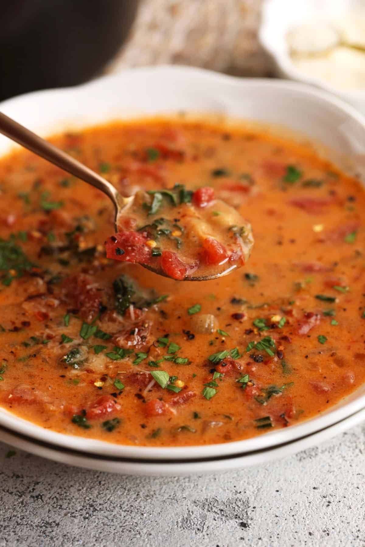 Spoonful of Tuscan white bean soup held above bowl