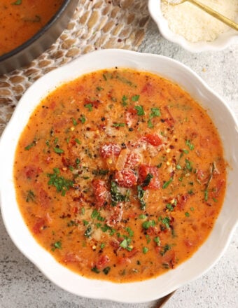 Overhead view of Tuscan white bean soup in bowl