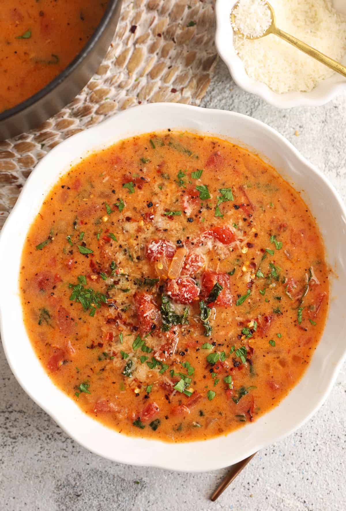 Overhead view of Tuscan white bean soup in bowl