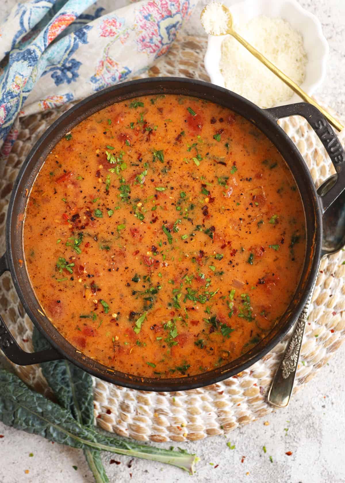 Overhead view of Tuscan white bean soup in pot