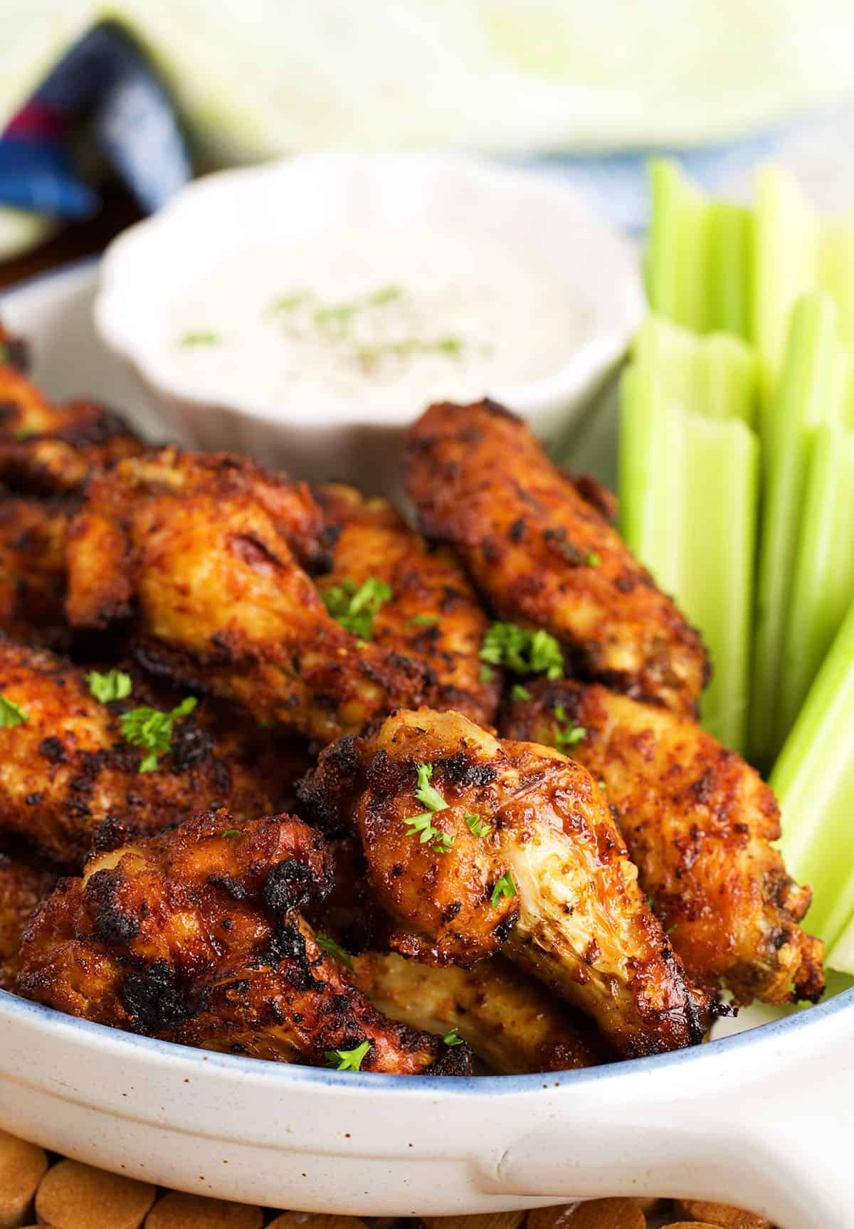 Air fryer chicken wings with celery and ranch