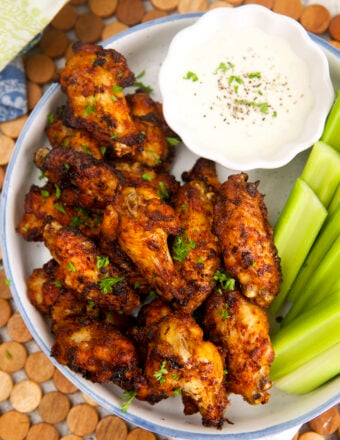 Air fryer chicken wings with celery and ranch