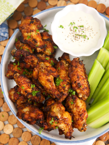 Air fryer chicken wings with celery and ranch