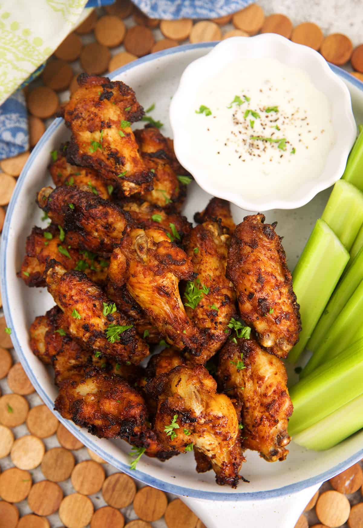 Air fryer chicken wings with celery and ranch