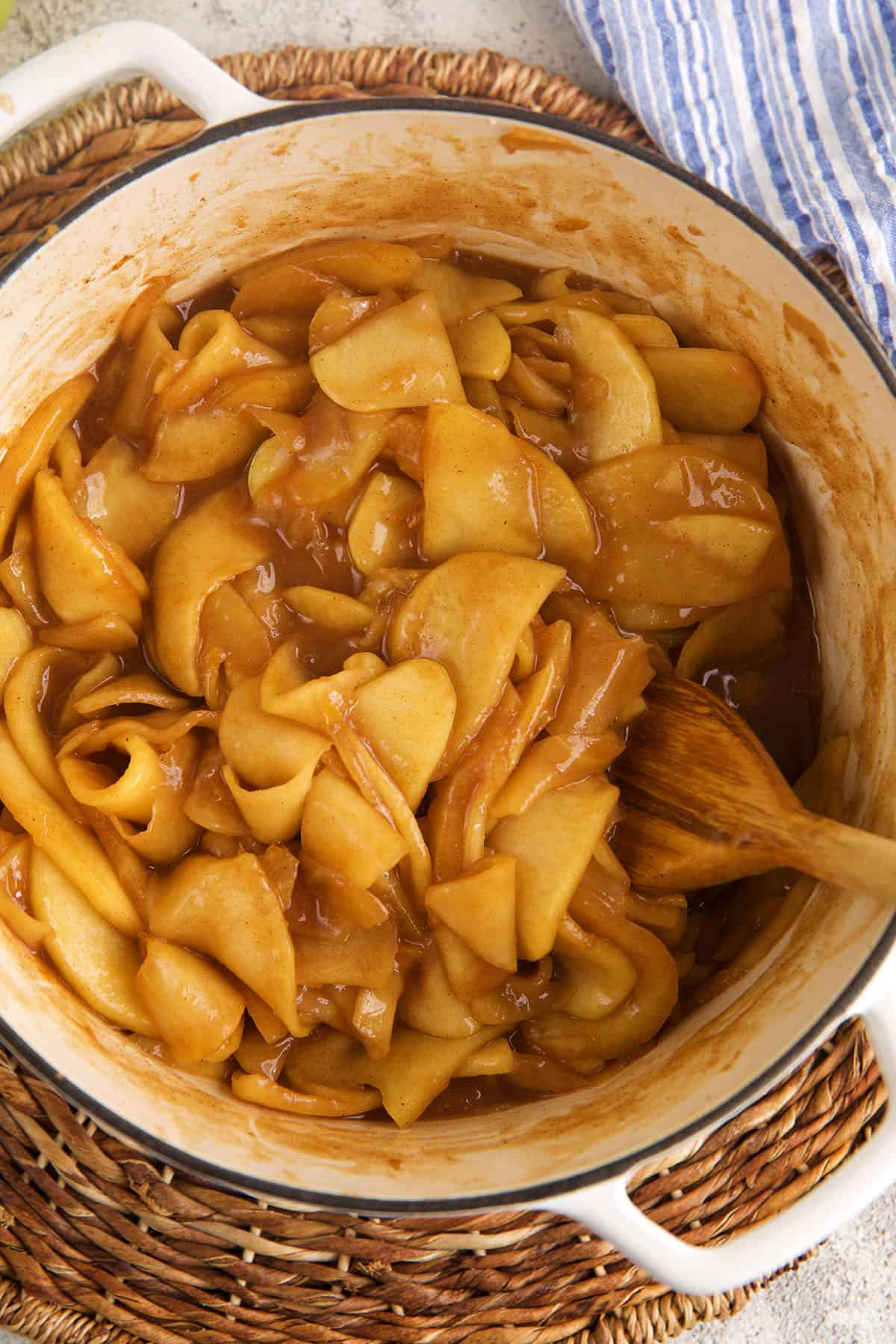 Overhead view of apple pie filling in pot