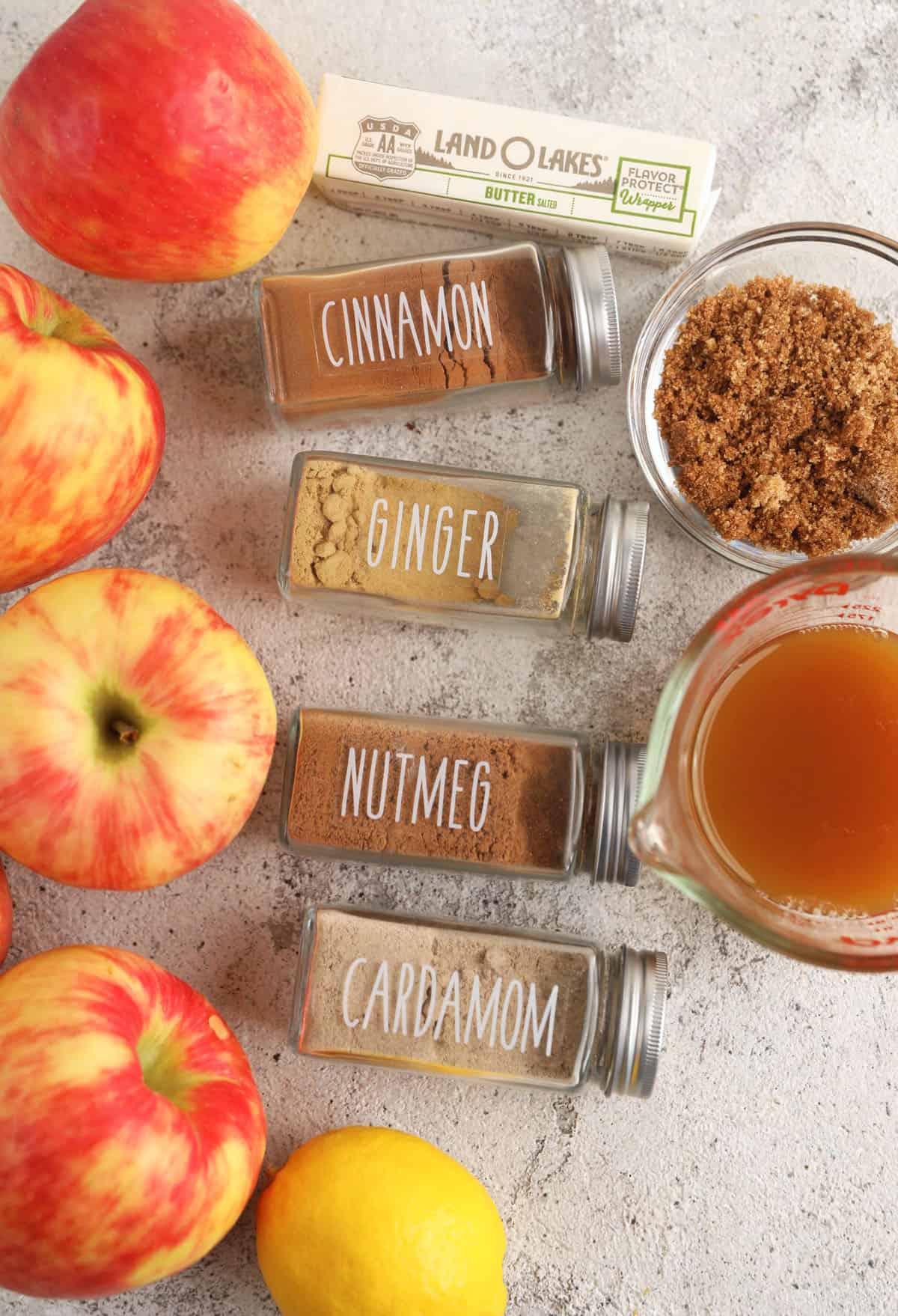 Overhead view of apple pie filling ingredients