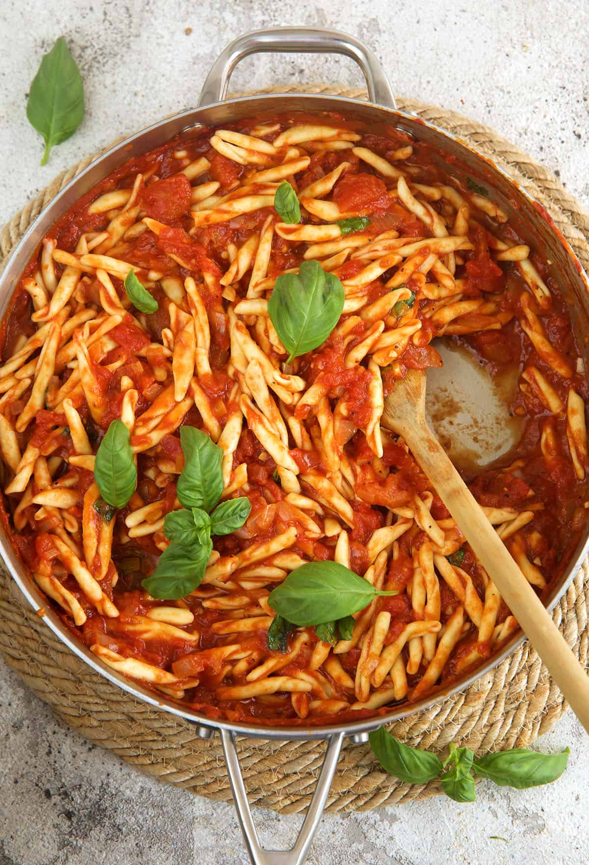 Skillet of pasta with homemade arrabbiata sauce