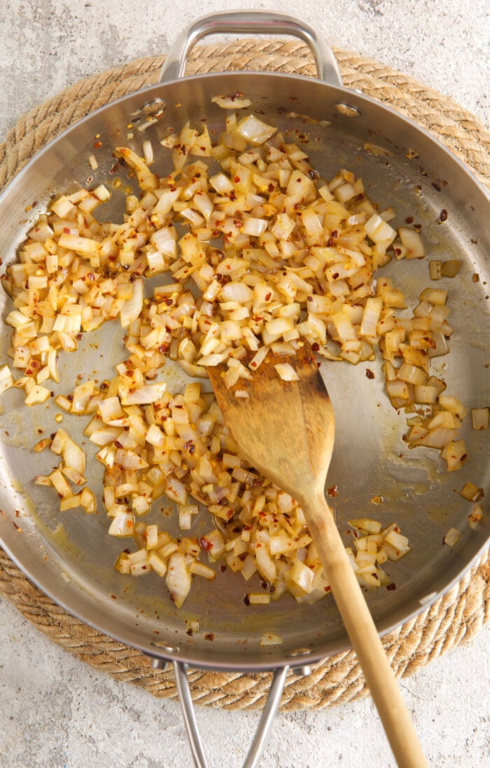 Cooking onions for arrabbiata sauce