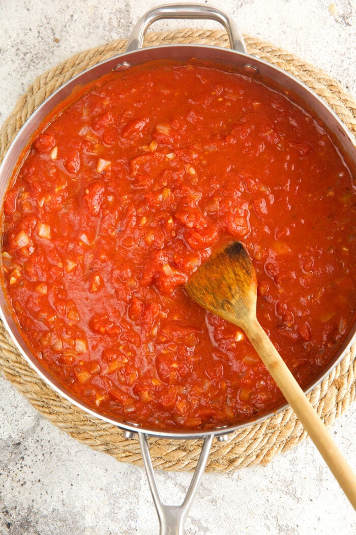 Homemade arrabbiata sauce in skillet