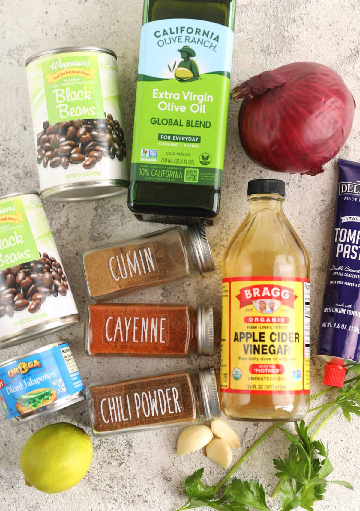 Overhead view of ingredients for black bean dip