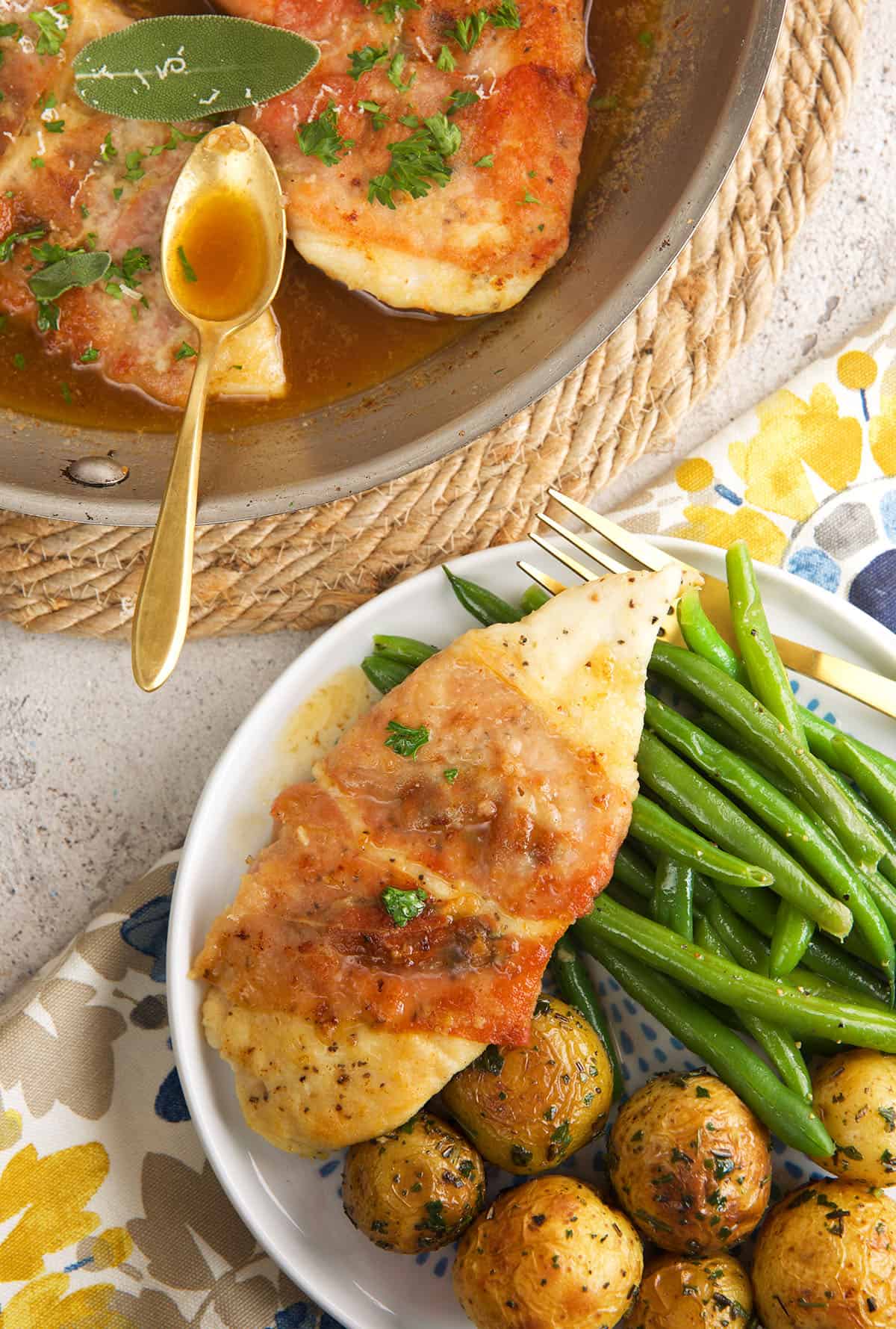 Overhead view of chicken saltimbocca on plate