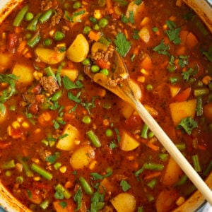 Overhead view of hamburger soup in Dutch oven