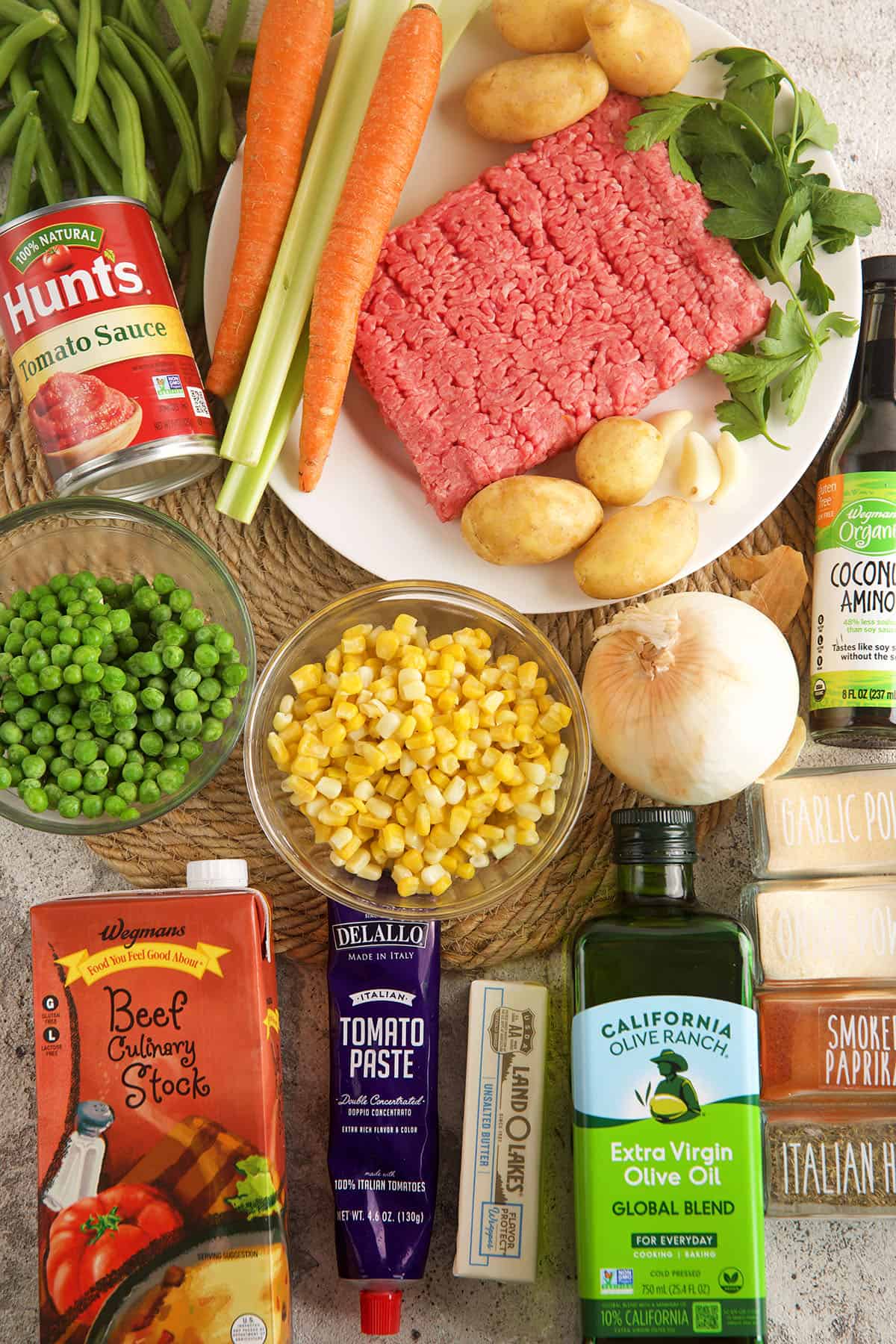 Overhead view of ingredients for hamburger soup