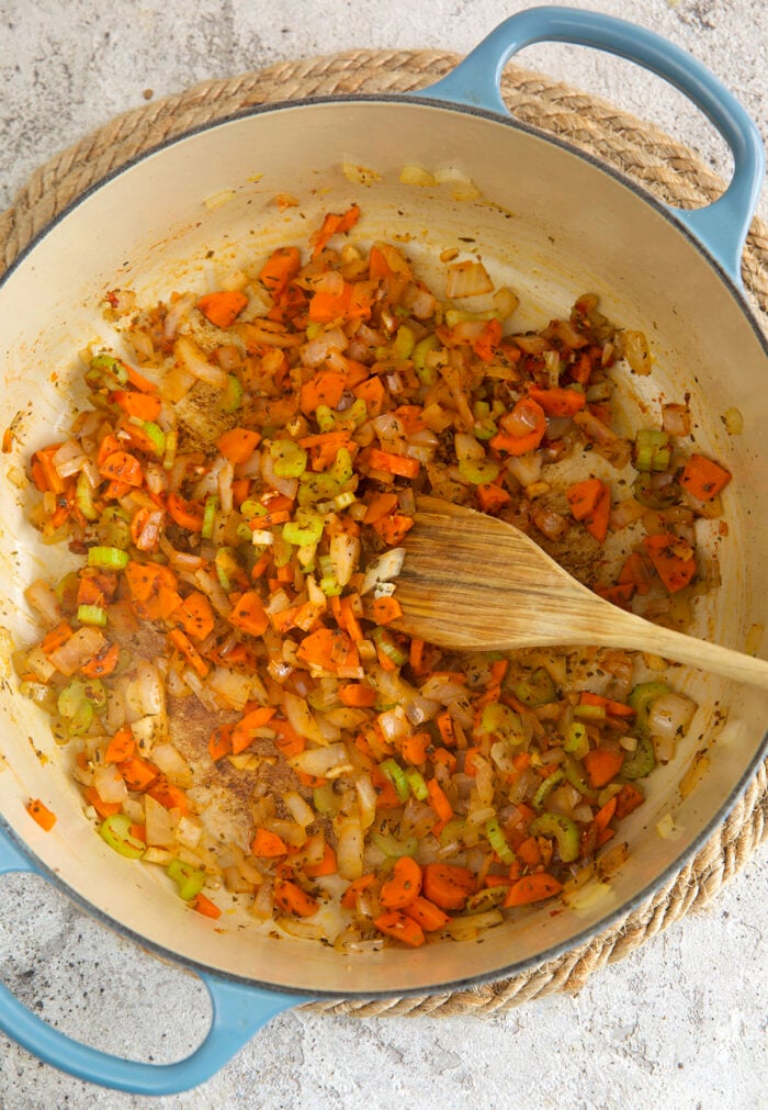 Cooking vegetables for hamburger soup