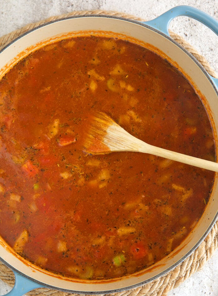 Hearty hamburger soup in Dutch oven