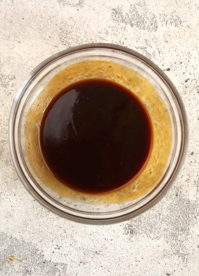 Overhead view of tonkatsu sauce in bowl