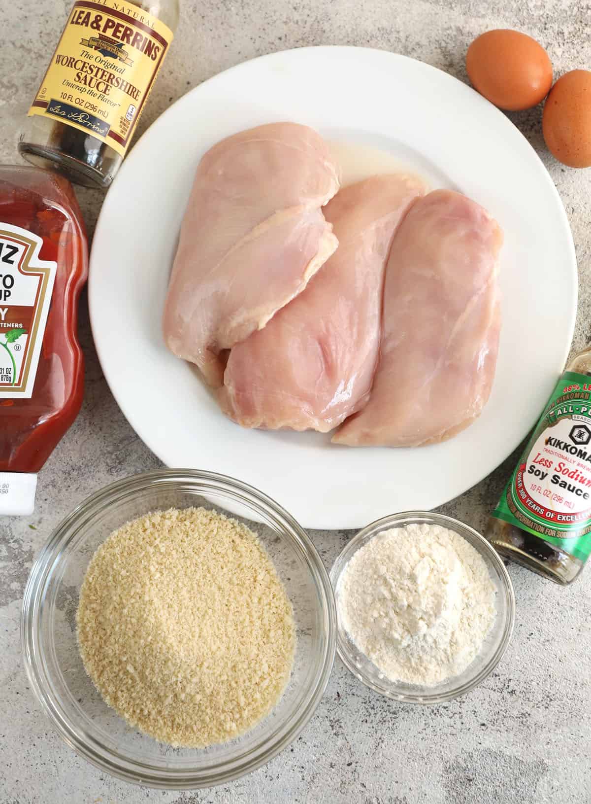 Overhead view of ingredients for katsu chicken