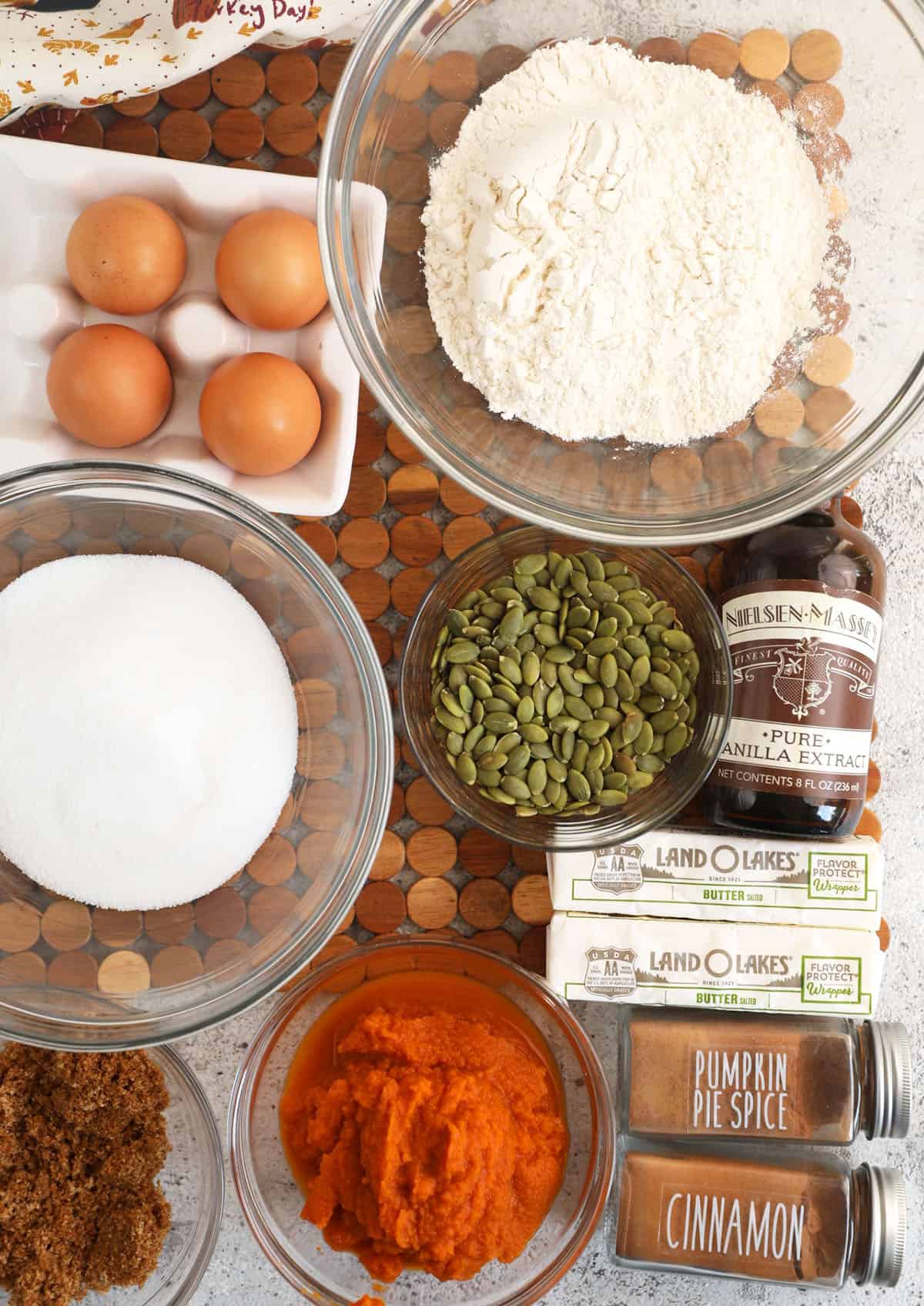 Overhead view of ingredients for pumpkin loaf