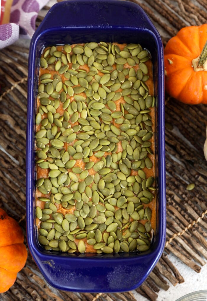 Pepitas added to batter for pumpkin loaf