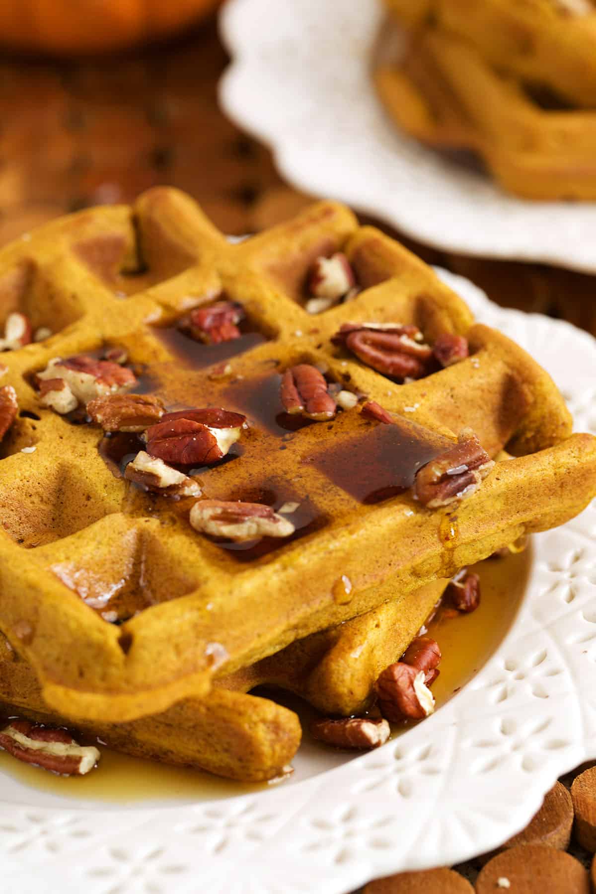 Homemade pumpkin waffles on plate