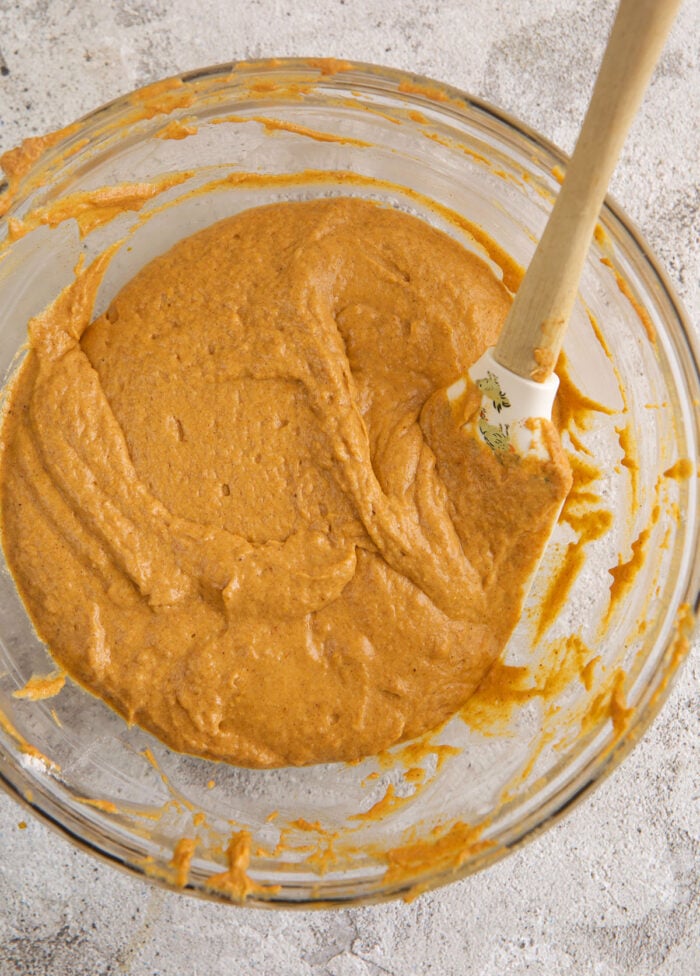 Mixing batter for pumpkin waffles