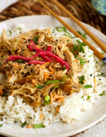 Slow cooker teriyaki chicken served over rice