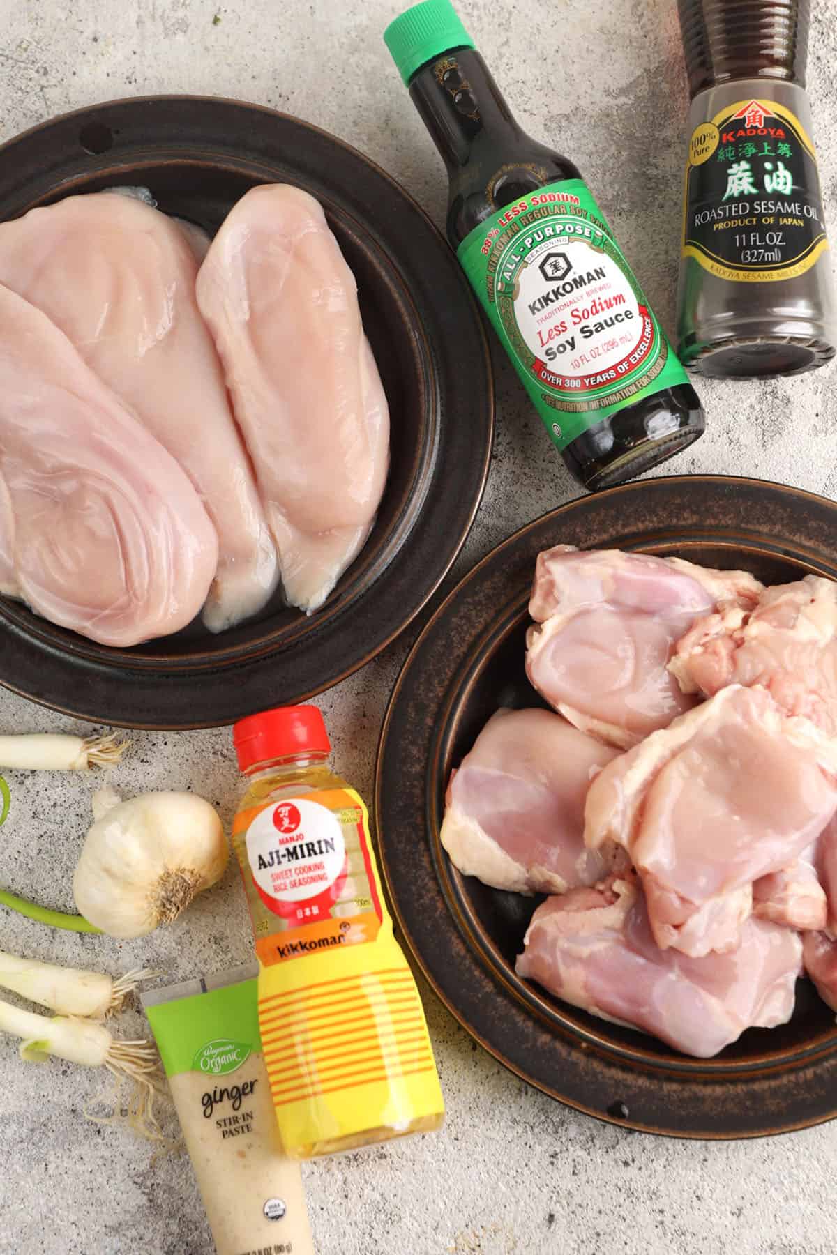 Overhead view of ingredients for teriyaki chicken