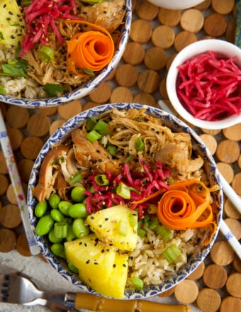 Overhead view of teriyaki chicken rice bowls