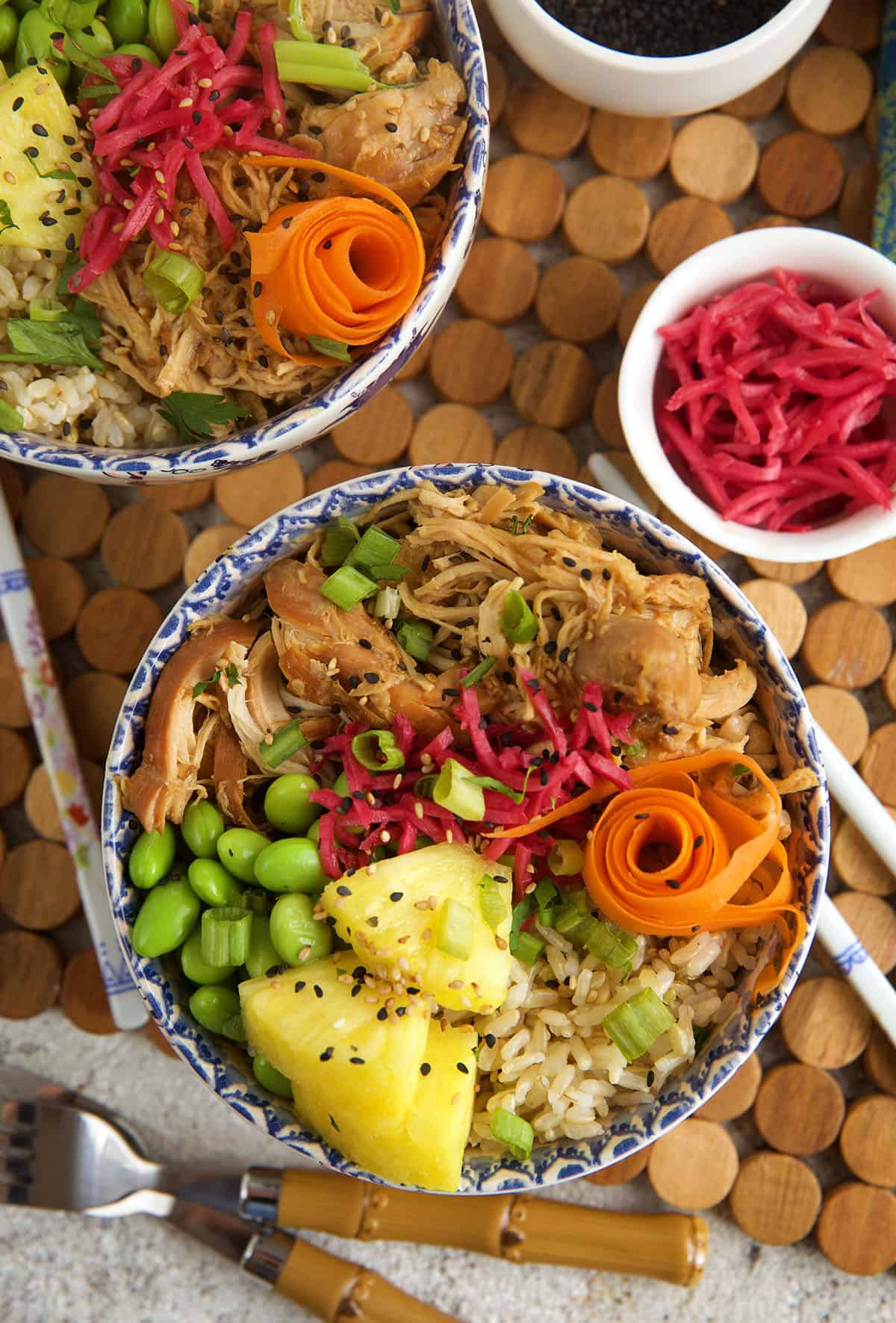 Overhead view of teriyaki chicken rice bowls