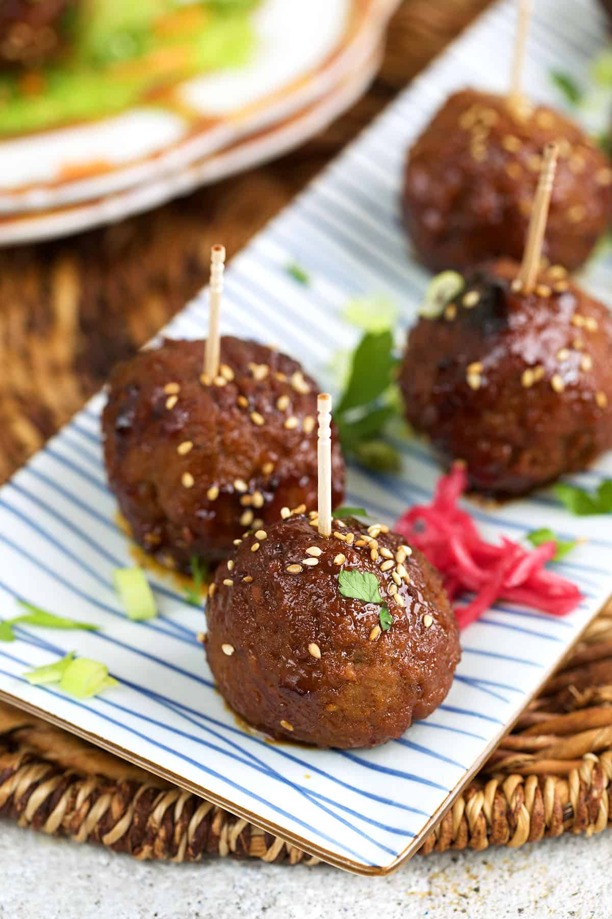 Tray of teriyaki meatballs