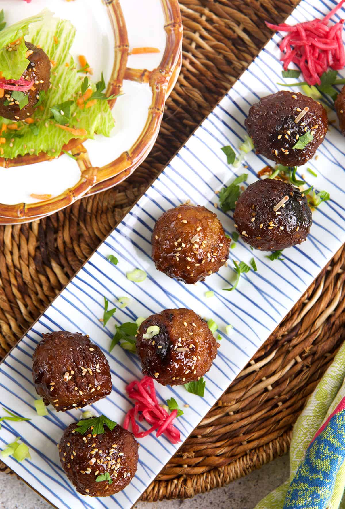 Overhead view of teriyaki meatballs on tray