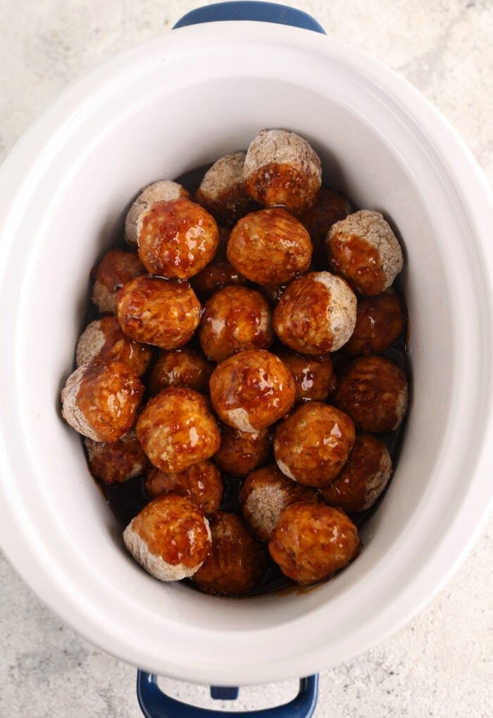 Meatballs and teriyaki sauce in slow cooker