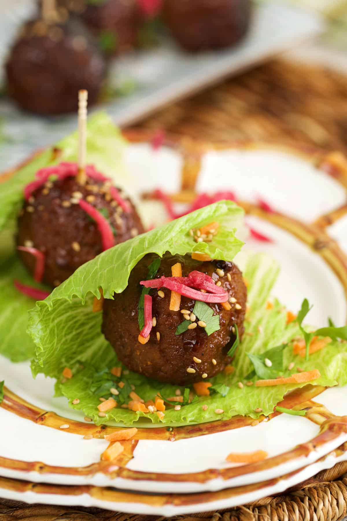 Teriyaki meatballs in lettuce wraps