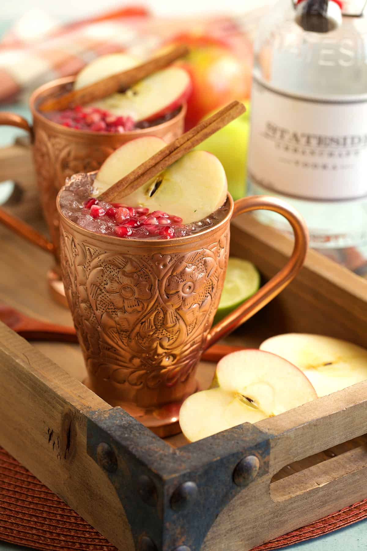 Apple cider Moscow mules in copper mugs